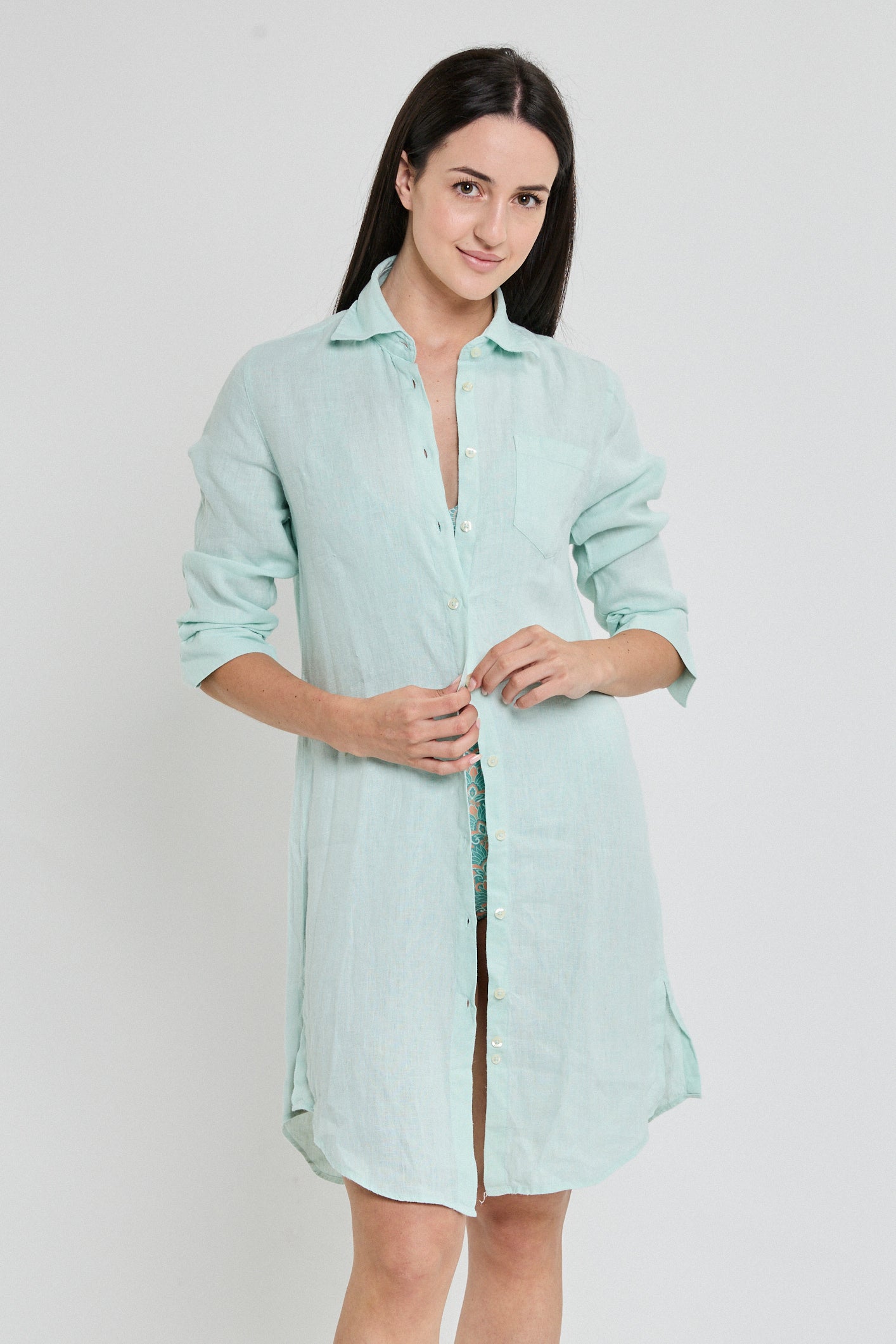 VESTIDO CAMISERO LINO VERDE AGUA